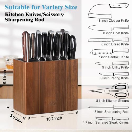 ENOKING XXL Acacia Wood Knife Holder – Large Universal Knife Block with Blade-Protecting Slots, Holds 26  Knives, Scissors, and Sharpening Rods, Space-Saving Kitchen Storage Organizer