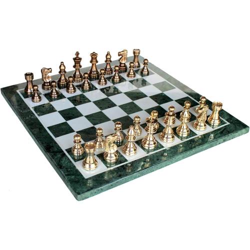 StonKraft Collectible Green Marble Chess Board Set   Brass Crafted Pieces Pawns - Decorative Stone Chess - Home Décor - 15 Inches