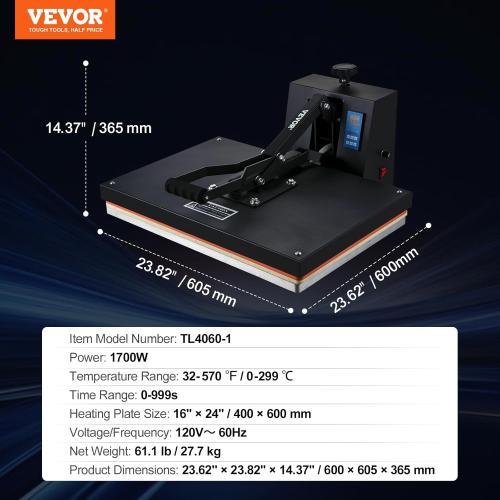 VEVOR Heat Press 1700W Power Heat Press Machine, Fast Heating, High Pressure Heat Press Machine for T-Shirt, Digital Industrial Sublimation Printer for Heat Transfer Vinyl, Easy to Use, Black