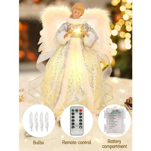 HOHOTIME 14'' Angel Tree Topper with White Feather Wings and Silver Skirt, Christmas Tree Topper with LED Light for Xmas Tree Top Decor Holiday New Year Home Ornament Decorations