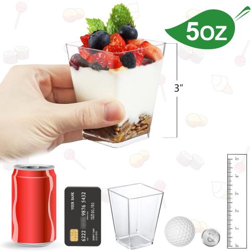 CLEAR CUPS Eupako 100 Pack 5 oz Square Clear Plastic Dessert Cups Small Clear Plastic Tumbler Cups Great for Desserts, Appetizers, Puddings, Mousse and More