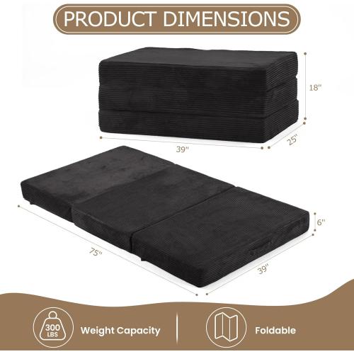 6-Inch Tri-Fold Mattress Twin Size - Foldable Futon Sofa Bed with Removable Washable Cover, Folding Memory Foam Futon Mattress | Non-Slip Bottom & Carry Handles for Guest, Camping, Dorm