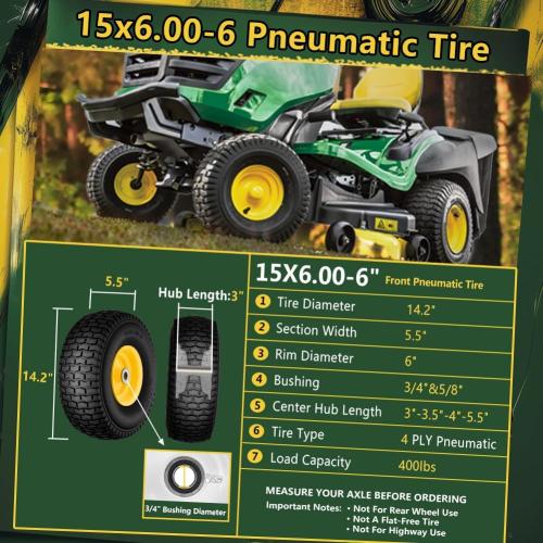 15x6.00-6 Tire and Wheel Assembly (2 Pack),Replacement Riding Lawn Mower Front Tires - With 3 Centered Hub and 3/4 Bushings (Extra 5/8 Bushings)