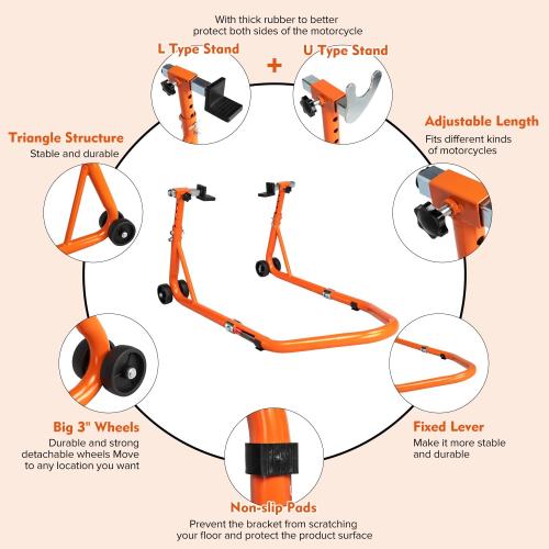 Adjustable Motorcycle Stand, 850LB Sport Bike Swingarm U L Orange | 5 Height Settings, Fits BMW Yamaha Honda Kawasaki Suzuki, Adjustable Width, Stable Support for Moto Maintenance Repair