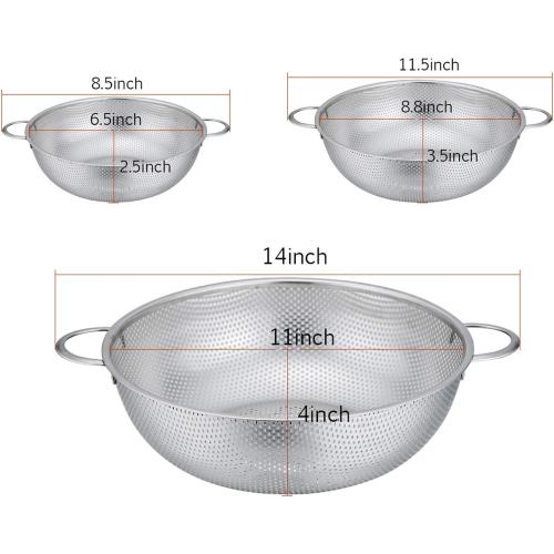 P&P CHEF Colander Set of 3, 1/3/5 Qt, Stainless Steel Colanders Strainers | Metal Micro-Perforated Colanders and Strainers for Draining Rinsing Washing, Ideal for Pasta Fruits, Dishwasher Safe
