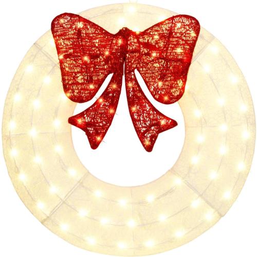 ATDAWN 26 Inch Christmas Wreath, Outdoor Christmas Wreath Decoration, Lighted Xmas Wreath for Christmas Home Wall Door Decoration (White)
