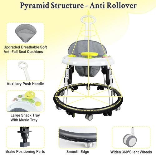 Foldable Baby Walker for Boys and Girls, 5-in-1 Baby Walker with Wheels, Adjustable Height Toddler Activity Walker with Music Tray, Detachable Seat and Mute Anti-Rollover Baby Walkers for 8-24 Months