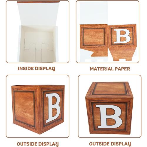 Baby Shower Decorations Boxes with 27 letters - 4 Wood Grain Brown Blocks with 27 Letters, First Birthday Centerpiece Decor, Teddy Bear Baby Shower Supplies, Gender Reveal Backdrop