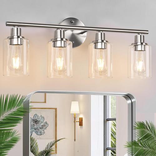 4-Light Bathroom Light Fixtures, Brushed Nickel Modern Vanity Lights Over Mirror with Clear Glass Shade, Bathroom Wall Lamp for Mirror Kitchen Living Room Hallway Cabinet Porch Bedroom Reading room