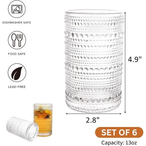 ZOOFOX Set of 8 Vintage Drinking Glasses, 13 oz Clear Hobnail Glasses Tumbler, Embossed Design Glassware for Beverages, Water, Juice, Beer, Cocktail, Whiskey and Milk
