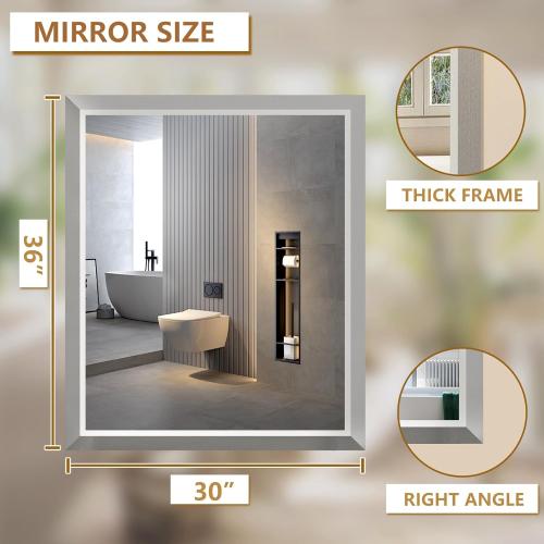 SMIROR Brushed Silver Bathroom Mirror for Over Sink, 36”x 30” Metal Thick Framed Rectangle Vanity Mirror for Wall, Right Angle Corner, Anti-Rust, Horizontally or Vertically Mounted