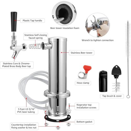 MRbrew Single Tap Draft Beer Tower, Support Countertop and Kegerator Installation, Stainless Core Beer Faucet Stainless Steel 3'' Flange Brewing Tower Dispenser Kit with Self-Closing Faucet Spring