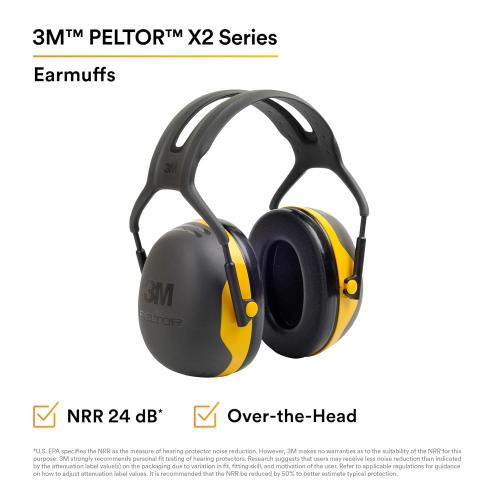 3M PELTOR Hearing Protection Earmuffs, X Series X2A, Over the Head Headband, NRR 24 dB, Pack of 1, Construction, Manufacturing, Maintenance, Automotive, Woodworking, Black/Yellow