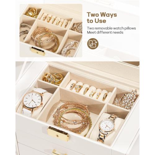 Homde Synthetic Leather Huge Jewelry Box Mirrored Watch Organizer Necklace Ring Earring Storage Lockable Gift Case (White   Gold)