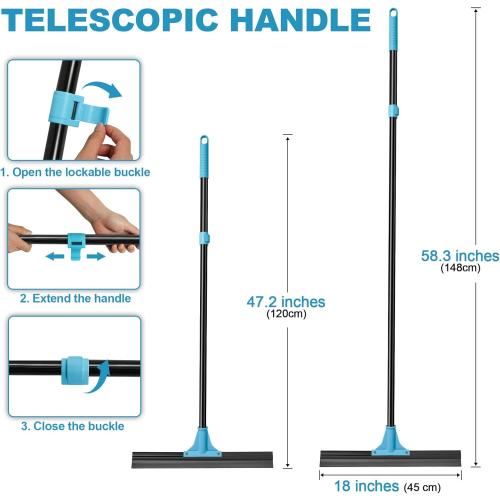 NEWE Floor Squeegee Broom with 18’’ Heavy Duty Rubber Scraper and 58.3’’ Telescopic Long Handle for Garage Concrete Bathroom Tile Shower Glass Marble Deck Window