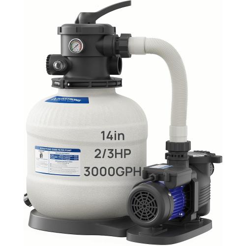 AQUASTRONG 14in Sand Filter Pump for Above Ground Pool, 2/3 HP Pool Pumps Above Ground 3000 GPH for Pools up to 13000 GAL, Sand Pool Filter with 6-Way Valve, Improved Circulation and Filtration