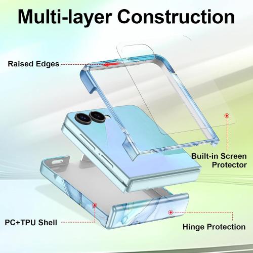 Blue Cyan Btscase for Samsung Galaxy Z Flip 7 Case,Built in Front Screen Protector,Gold Glitter Marble Pattern Hard PC Slim Shockproof Full Body Drop Protective Case for Galaxy Z Flip 7 5G (2025)