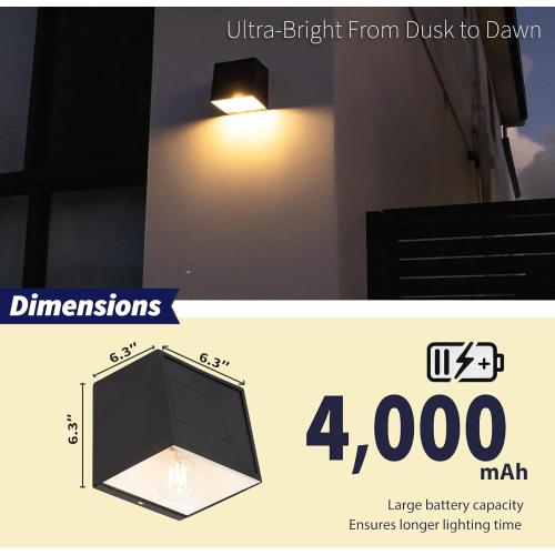 Solar Sconce Lights Outdoor, High Brightness Front Porch Lights, Stainless-Steel Wall Mounted Waterproof, Modern Black Exterior Lighting for Outside Entryway, Door, Yard, Warm White 2Pk