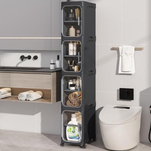 Size  4-Tiers Color Black KHNR Slim Bathroom Storage Cabinet, Foldable Storage Cabinets,Narrow Bathroom Storage,Movable Bathroom Storage Organizer for Small Spaces,Bathroom,Kitchen,Laundry,Black