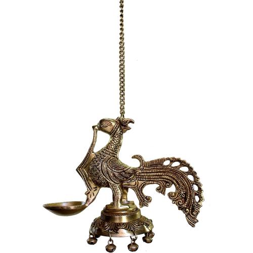 eSplanade Brass Diya Indian Pooja lamp| Hanging Brass Deepak Deepam Kuthu Vilakku| with Bells (Peacock).