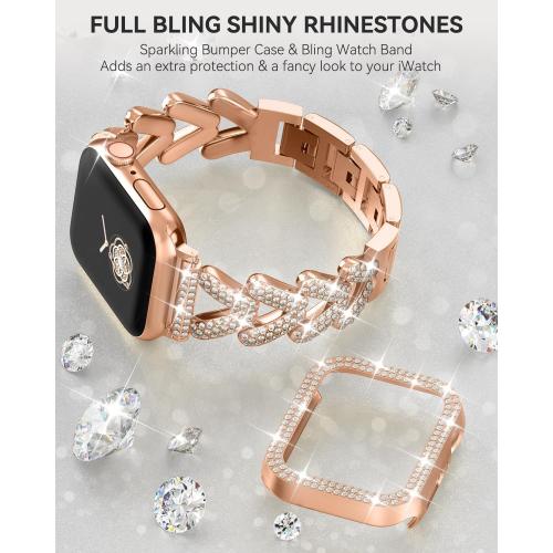 Rhinestones Encrusted Metal Bracelet and Case, Compatible with Apple Watch Bands 38mm-49mm (Series 10/1/SE/Ultra 2)- Bling Gold Women's Jewelry Strap, Luxury iWatch Bracelet with Screen Protector