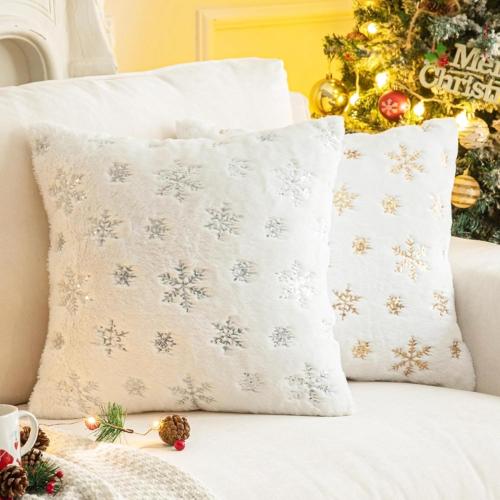 AQOTHES Faux Fur Fuzzy Decorative Throw Pillows Covers, Soft Plush with Snowflake Sequins Glitter Cute Throw Pillows for Christmas Decor Couch Sofa, Silver Ivory White,18 x 18 Inch, Pack of 2