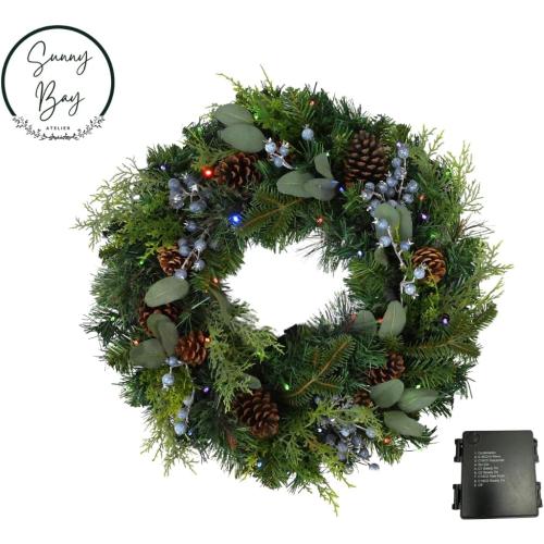 Prelit 24 Holiday Wreath – Lifelike Mixed Artificial Pine & Cedar with Blueberries and 50 Battery-Operated Color-Changing LED Lights, Steady, Twinkle Lights