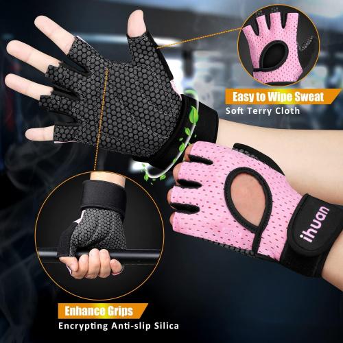 ihuan Breathable Weight Lifting Workout Gym Gloves: Fingerless Exercise Wrist Support | Enhance Palm Protection | Extra Grip for Fitness |Training | Rowing | Pull-ups