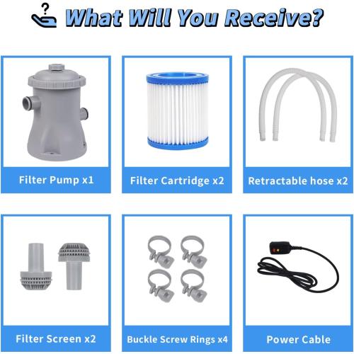 Filter Pump for Above Ground Pools, 330 GPH Filter for Inflatbale Pool, Flow Rate Pool Filter for Inflatable Swimming Pool Crystal Clear Filter Pump with 2 Filter Cartridges