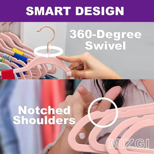 MIZGI Velvet Hangers 60 Pack Non Slip Heavy Duty Blush Pink Rose Gold Hooks