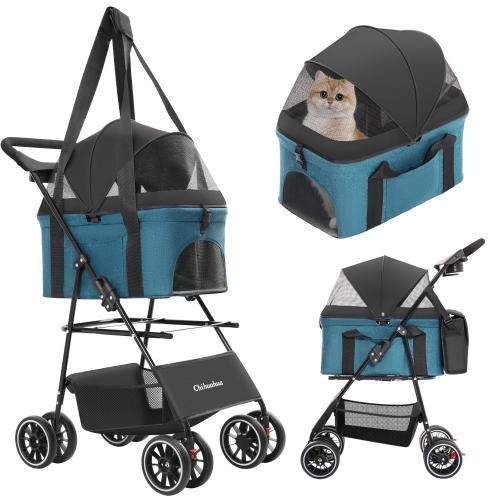 Color Black and Blue 2-in-1 Foldable Pet Stroller with Canopy, 4 Wheels Pet Strolling Cart for Small/Medium Dogs and Cats with Removable Carrier,Breathable Mesh,Mom Tote Bag,Cup Holders,Easy Assembly,