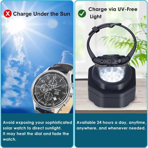 CoolFire - UV Free Solar Watch Fast Charger for All Eco Solar Watches for Men, Reloj Hombre Portable Battery Charger, for All Kinds of Sophisticated Eco Solar Watches (Black)