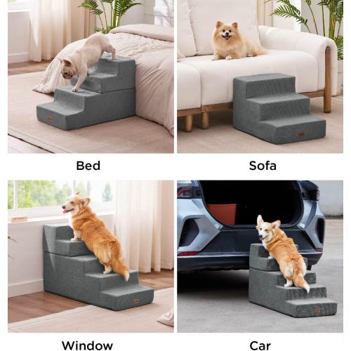 Made4Pets Dog Steps for Bed, Extra Wide Dog Stairs for High Bed Couch Sofa, 35D Foam Pet Steps for Small Dogs and Cats, Non-Slip Bottom Pet Stairs, Grey, 4 Steps