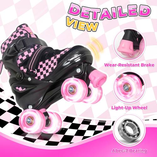 Nattork Adjustable Roller Skates for Kids Teens, Illuminating Wheels Roller Quad Skates with Checkerboard Design for Boys Girls