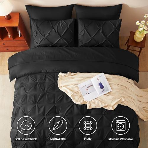 CozyLux King Size Comforter Set 7 Pieces Bed in a Bag Black Comforter King Bed Set Pintuck Bed Sets Pinch Pleat Bedding Sets with All Season Comforter, Flat Sheet, Fitted Sheet and Pillowcases&Shams