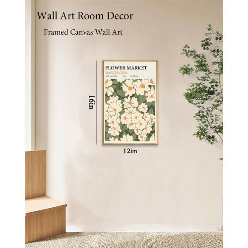 Zzuyi Framed Flower Market Wall Art,Green And White Floral Botanical Canvas Wall Decor Pictures,Floral Rusitc Pictures for Living Room Bedroom Dining Room 12x16in