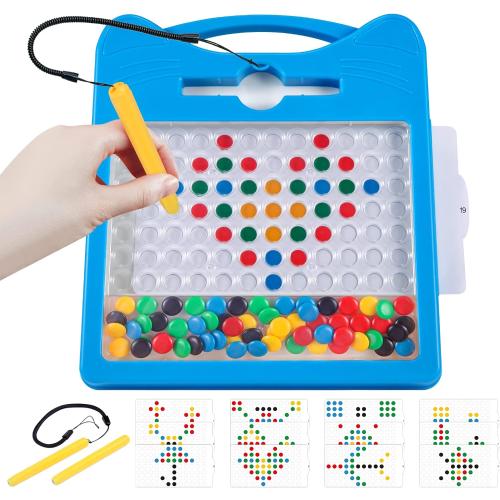 Magnetic Drawing Board for Kids, Toddler Magnet Doodle Board with Beads and 2 Pens, Magnetic Dot Art Toys, Airplane Car Travel Activities (Blue Cat)