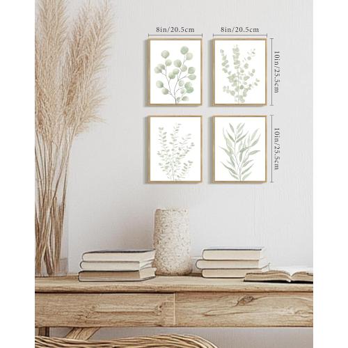 Drsoum Botanical Plant Framed Wall Art Boho Wall Decor for Bathroom Sage Green Eucalyptus Leaf Prints Minimalist Aesthetic Ready to Hang Set of 4, 8x10 in (Natural Framed)