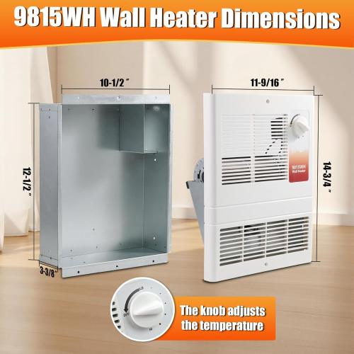 9815WH High-Capacity Wall-Mounted Electric Heater with Built-In Adjustable Thermostat and Silent Motor Delivers 1500W,120/240V Voltage Suitable for Kitchen,Bedroom,Living Room, Corridor, White