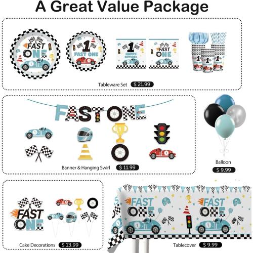 Xynic 160pcs Fast One Birthday Decorations For Boys Tableware Complete Party Set, Fast One Birthday Decorations, Blue Race Car & Car Theme 1st Party Supplies Boy, Serves 20 Guests