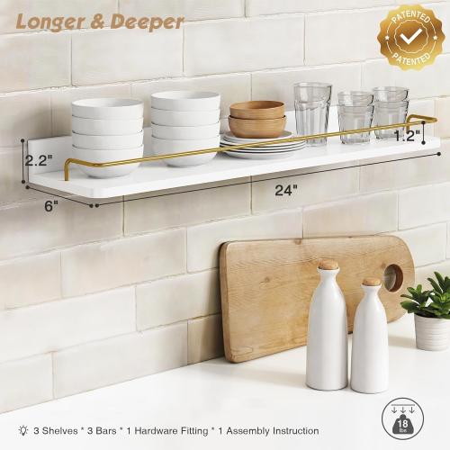 Forbena 24 Inch Bathroom Floating Shelves for Wall Set of 3, Gold Bathroom Shelves Over Toilet Wall Mounted with Rail, Decorative Hanging Shelf for Bedroom Office Living Room Decor (White and Gold)