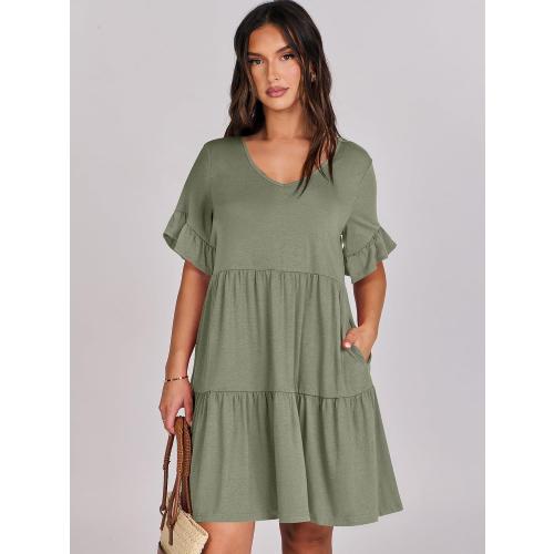 Size L ANRABESS Dresses for Women Summer 2025 V Neck Ruffle Sleeve A Line Tiered Flowy Casual Trendy Mini Beach Dress with Pockets