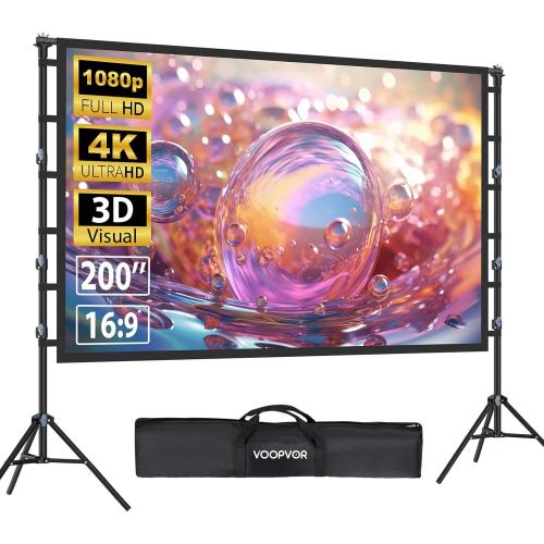 200 Inch Projector Screen with Stand: VOOPVOR 16ft Portable Large Projection Screen and Stand Outdoor - Front/Rear Movie Screen Indoor 16:9 4K HD - Wrinkle-Free & Carry Bag for Backyard Cinema