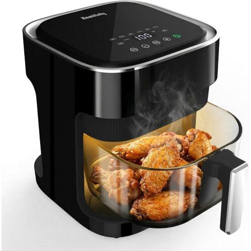 Glass Air Fryer, Non-Toxic Borosilicate Glass Basket with 360° View, Upgraded Food-Grade Stainless Steel Tray, 8-in-1 One-Touch Presets, Teflon-Free & Dishwasher Safe, Black