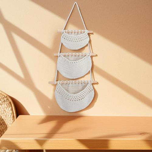 Convenient Fruit Basket Hanging Storage Basket Made of Cotton Rope and Wood with Practical Design and Fresh-keeping Feature for Living Room and Dining Room