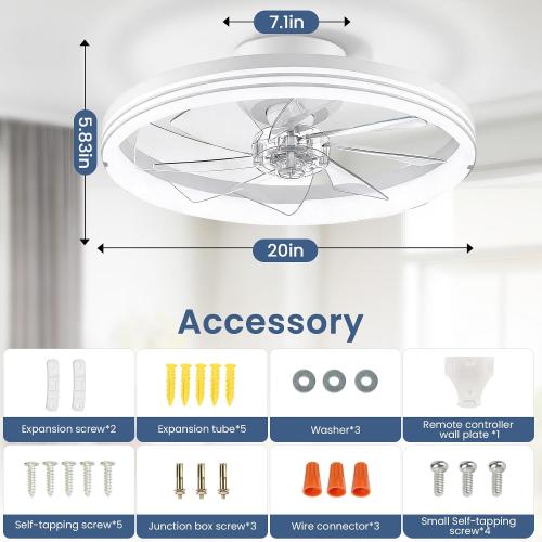 CHAREADA Ceiling Fans with Lights and Remote, 20 Foldable Fan with Light | Low Profile Stepless Color Temperature Change and 6 Speeds for Bedroom, Kids Room and Living Room (Stripe White)