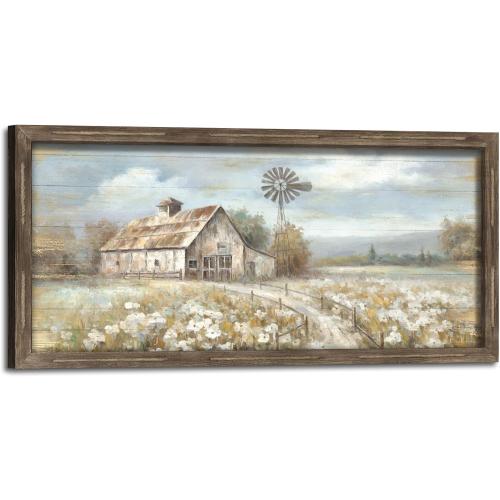 Farmhouse Wall Art Wood Decor: Large Framed Barn Windmill Picture Rustic Country Farm Print Artwork Rural Countryside Landscape Painting for Home Bedroom Decorations