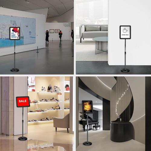 Black 8.5x11 Heavy Duty Floor Sign Stand Adjustable Pedestal Sign Holder Stand, Poster Stand Aluminum Snap Open Frame for 8.5X11 Inches with Heavy Round Base, Both Vertical and Horizontal Sign Displayed