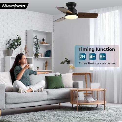 30 Inch Ceiling Fans with Lights and Remote, Bedroom Living Room Office, Flush Mount, 3CCT Dimmable, Dual Color 3 Blades 6 Speed Reversible Quiet DC Motor, Black/Wood Grain