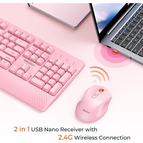 MEETION Wireless Keyboard and Mouse, Full-Sized Cordless Keyboard with Wrist Rest, 3 DPI Adjustable Mouse, Keyboard and Mouse Set with 2.4GHz USB Receiver, for PC/Computer/Laptop/Windows/Mac, Pink